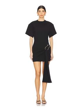 Black Short Sleeve Mini Dress with Side Drape